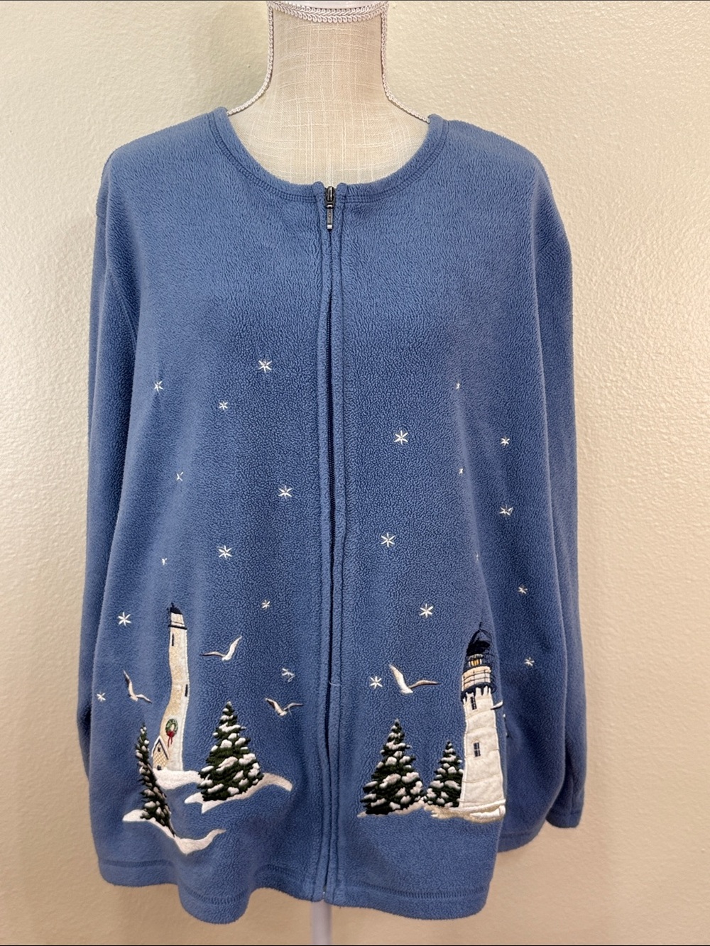 Vintage Croft & Barrow Blue Embroidered Lighthouse Coastal Winter Sweater 3X